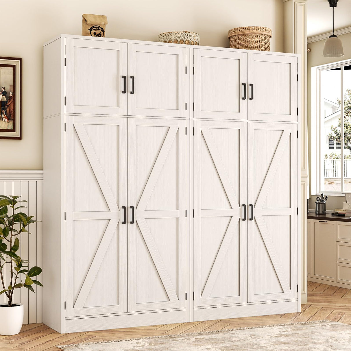 Unikito 71” Tall Storage Cabinet, Farmhouse Kitchen Pantry Cabinet with Adjustable Shelves and Barn Doors, Large Bathroom Storage Cabinet, Storage Cupboard for Dinning, Living Room, Office, 2 Pack Unikito