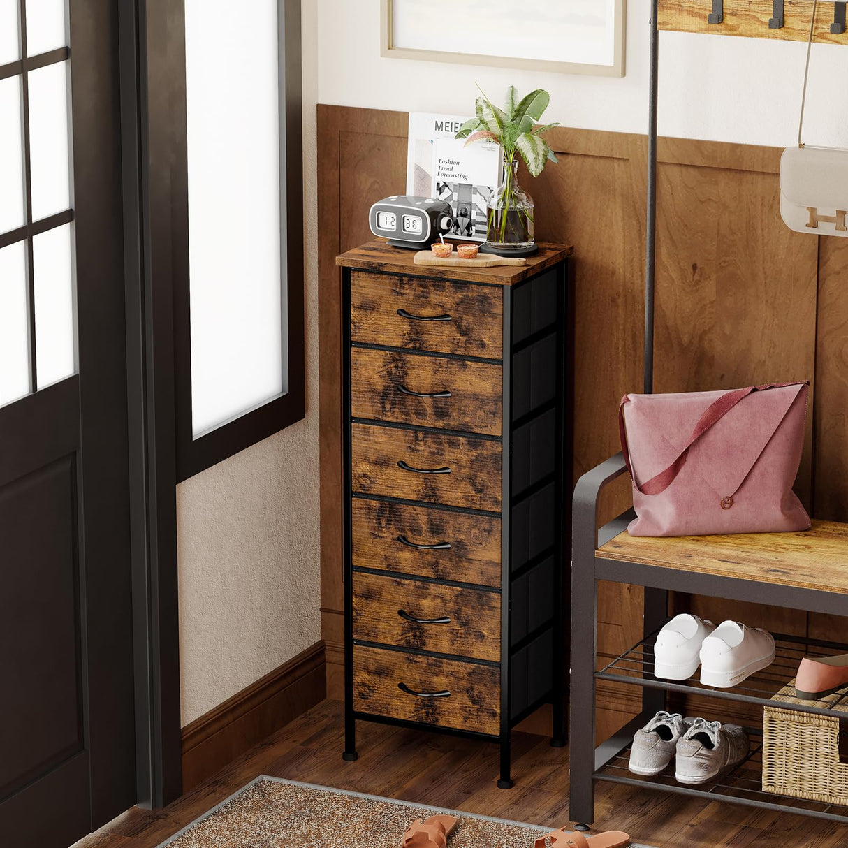 Fixwal Tall Dresser for Bedroom Closet Organizers and Storage Tall Fabric Dresser with 6 Drawers, Small Clothes Storage Girl Bedroom Furniture, Rustic Brown Fixwal