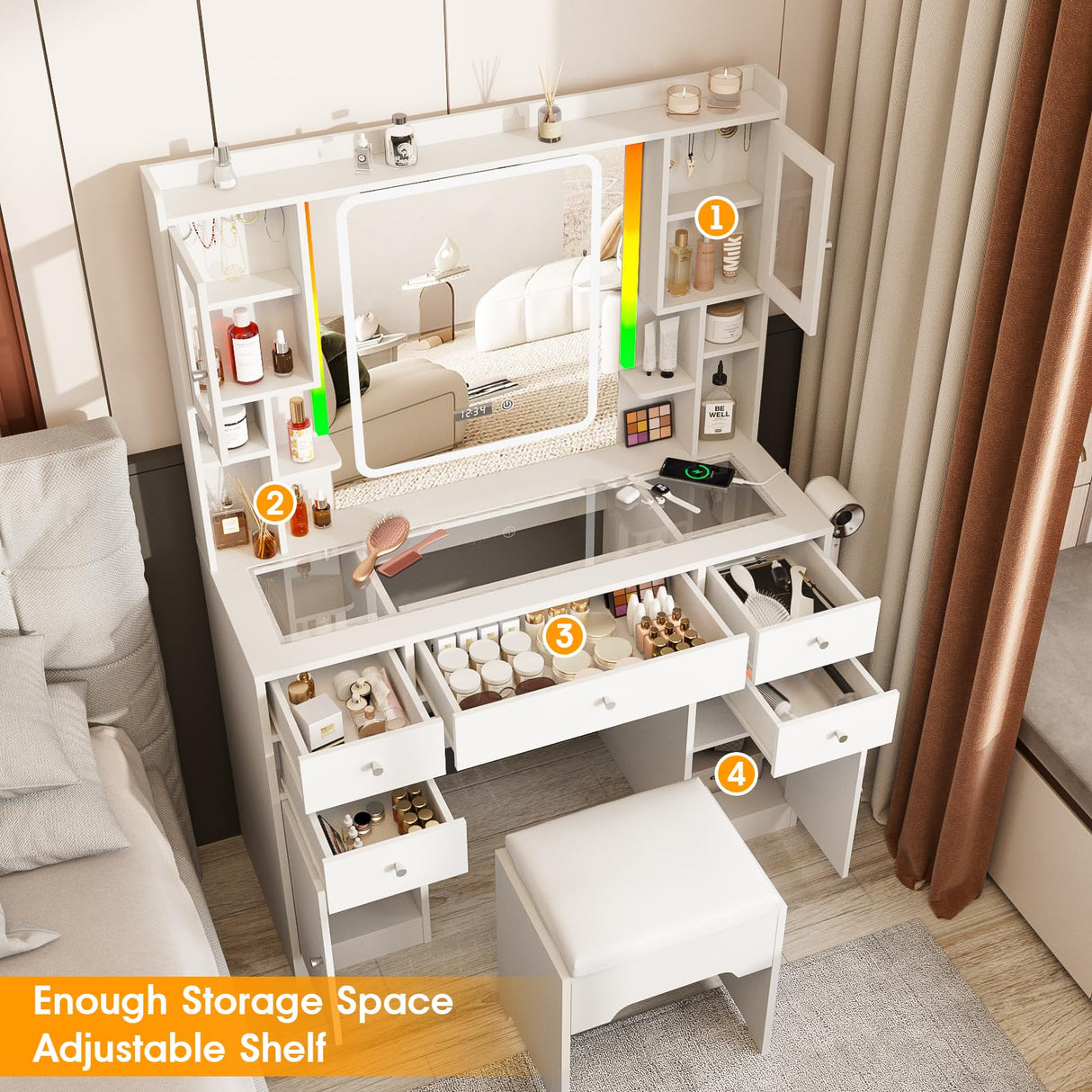 White Vanity Desk with LED Mirror,Makeup Vanity with Charging Station & RGB Lights,5 Drawers 4 Shelves Makeup Desk Vanity Table Stool Set with Glass Table Top & Time Display Lights, White Halitaa