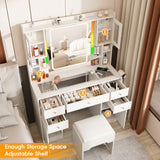 White Vanity Desk with LED Mirror,Makeup Vanity with Charging Station & RGB Lights,5 Drawers 4 Shelves Makeup Desk Vanity Table Stool Set with Glass Table Top & Time Display Lights, White Halitaa