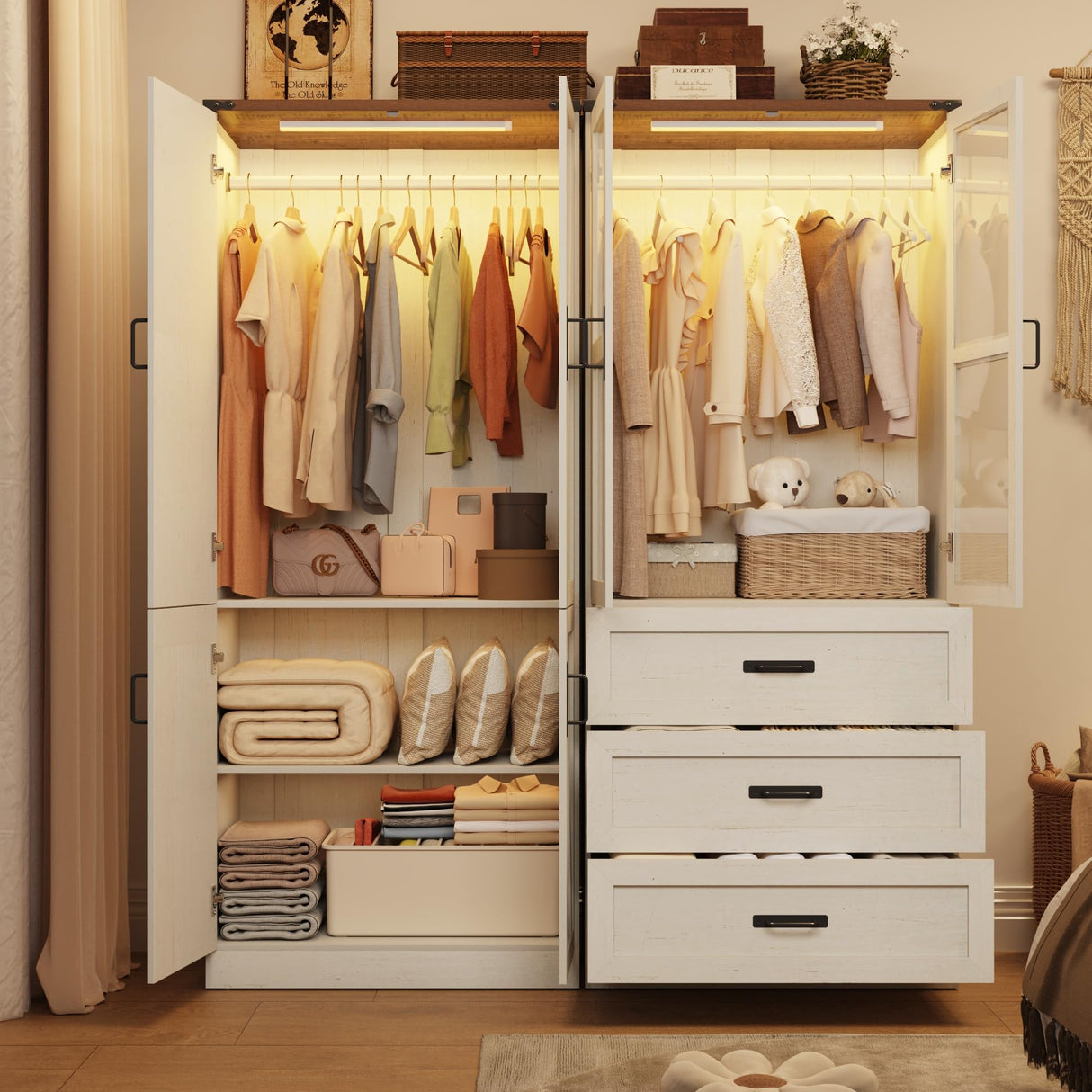 75" Tall Farmhouse 4 Doors Armoire Wardrobe Closet with 3 Drawers and LED,Freestanding Closet Wardrobe Cabinet for Bedroom with Hanging Rod,Wooden Armoire Storage Cabinet Adjustable(Rustic Off White) Hlivelood