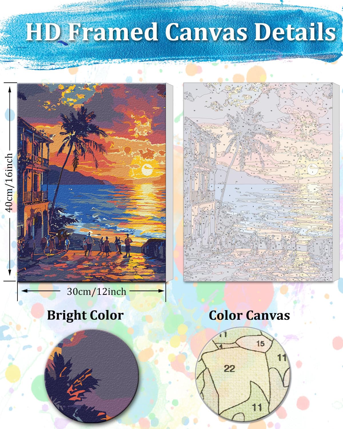 TOCARE Framed Paint by Numbers Kit for Adults, 12x16Inch Hawaii Sunset Paint by Numbers with Frame, Beach Paint by Number Framed Canvas Nature Scenery(Without Easel) TOCARE