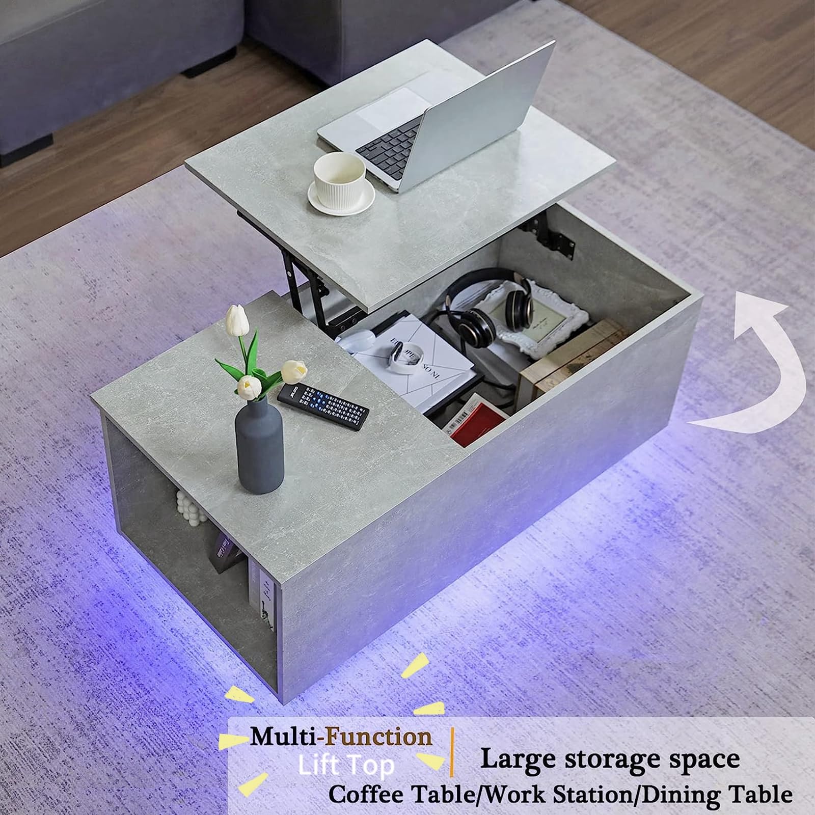 HOMMPA Lift Top Coffee Table with Charging Station Grey Led Coffee Table with Storage Hidden Compartment Modern Coffee Table with Lift Top Center Table with 16 Color LED Light for Living Room - WoodArtSupply