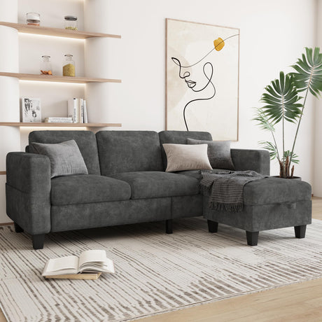 Couch for Living Room - Small Space Couches Sectional L-Shaped Sofa, 3 Seat Modern Couch, Sofas Convertible with Storage Ottoman for Small Space, Bedroom, Offices and Apartments - Grey Grzyhem