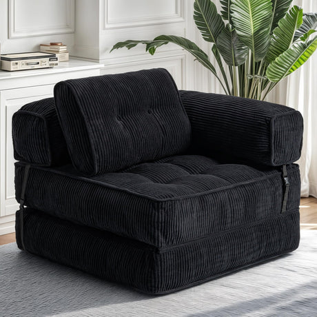 Airynee Convertible Folding Sofa Bed, L- Shaped Sleeper Chair Bed with Armrest and Pillow, Fold Out Sleeper Sofa, Comfortable Floor Couch for Small Spaces/Living Room/Bedroom, Single, Black Airynee