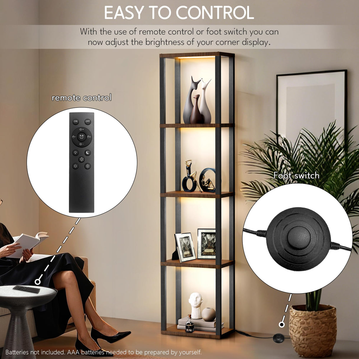 5-Tier Display Shelf with Dimmable Lights, LED Bookshelf for Bedroom, 3 Color Temperature and Brightness Adjustable, 65'' Curio Cabinet Shelf Display Bookcase Floor Lamp with Shelves for Living Room XIIW