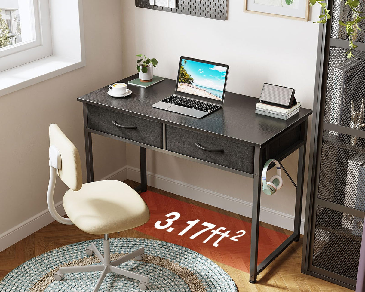 ODK 40 Inch Small Desk with Fabric Drawers- for Bedroom, Black Study Desk with Storage, Home Office Computer Desk for Small Spaces, Modern Work Writing Kids Table, Black ODK
