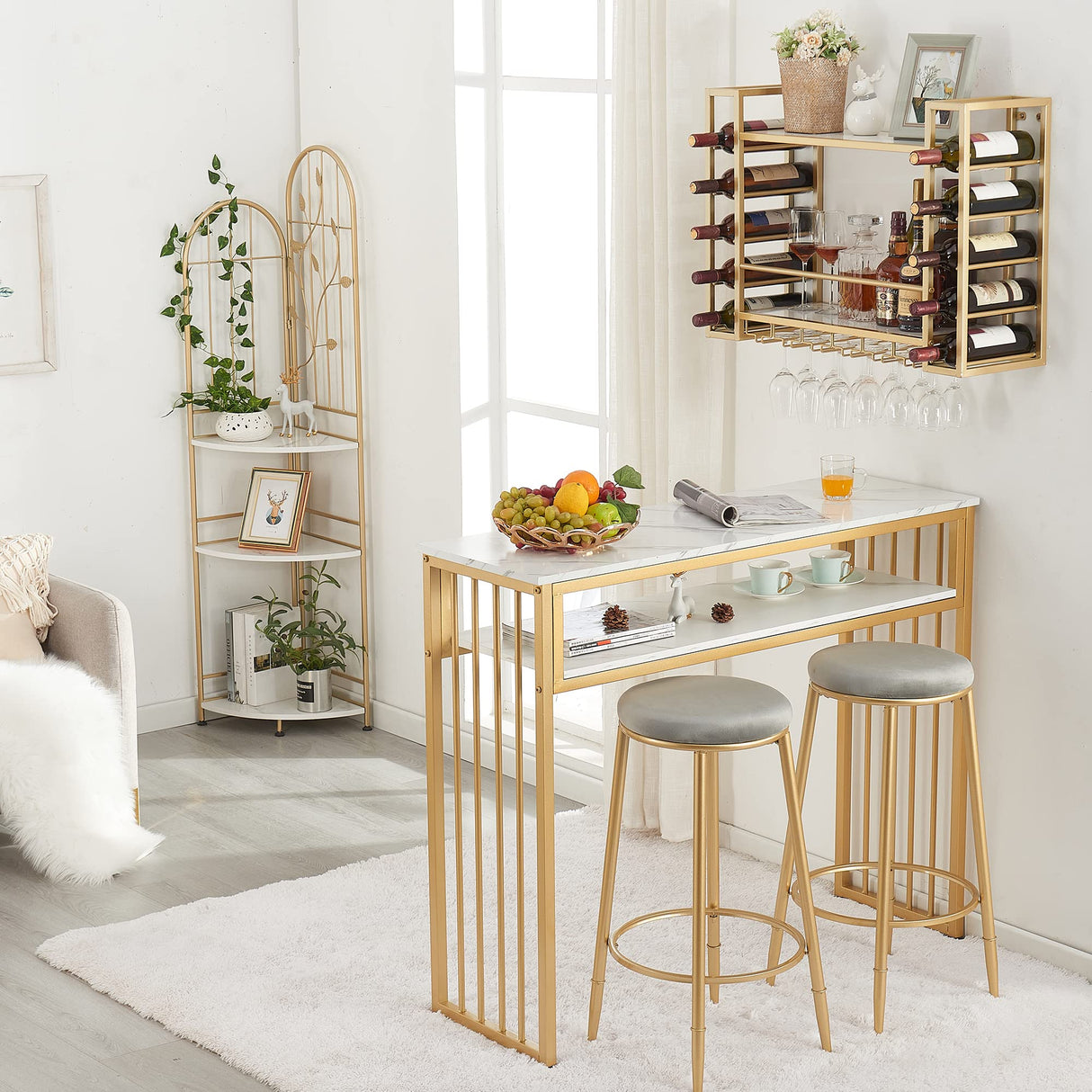 GOLASON Wall Mounted Wine Rack with Glass Holder, Metal Bottle Holder Wine Storage Display Shelf for Home Bar Dining Room Kitchen (31.5 Inch, Gold) GOLASON