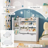 FACBOTALL Toy Storage Organizer with 3 Movable Drawers, Kids Bookshelf with 6 Plastic Bins & 2 Storage Cubbies, Toy Chest with Hidden Wheels, Toy Storage Box for Playroom, Classroom, Kids Room, White FACBOTALL