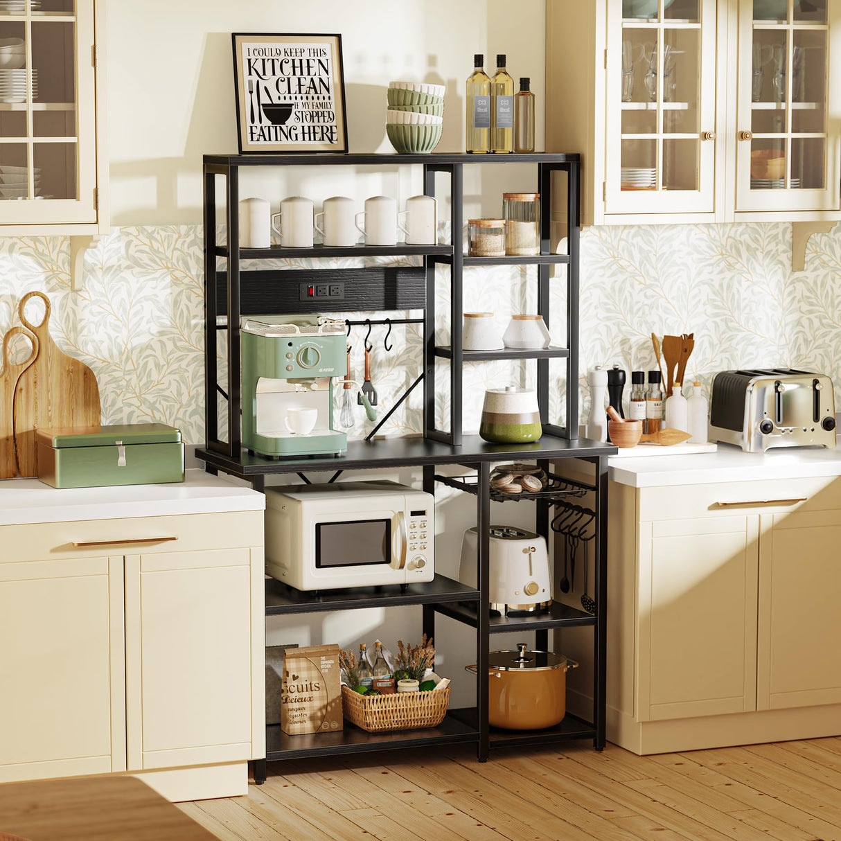 SUPERJARE Large Bakers Rack with Power Outlets, 6-Tier Microwave Stand, Coffee Bar with 12 S-Shaped Hooks, Kitchen Shelf with Wire Basket, 39.3 x 15.5 x 66.9 Inches, Black SUPERJARE