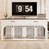 EBE Dog Crate Furniture, 74.8''Wooden Dog Crate with 2 Drawers and Removable Divider, Dog Kennel Indoor Furniture with Double Rooms, Heavy Duty Dog Crate Table Indoor TV Stand for Large Medium Dogs EBE