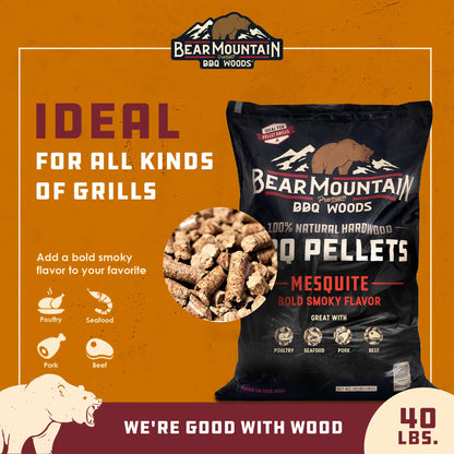 Bear Mountain All Natural Wood Pellets for Smoker, Grill & BBQ, 40 Lbs, Mesquite