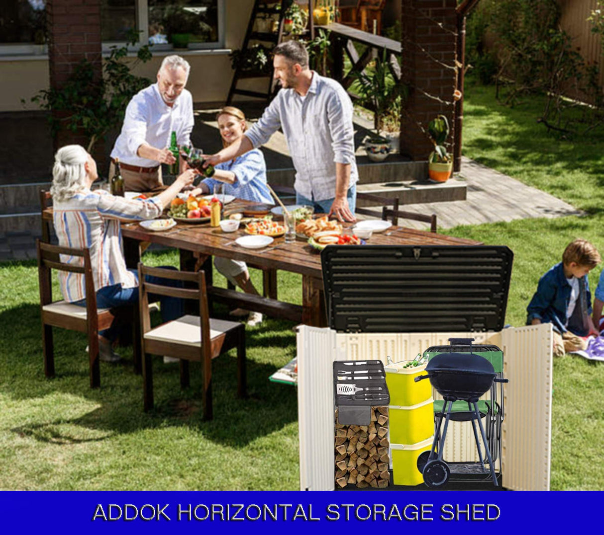 ADDOK Horizontal Storage Shed Weather Resistance, Large Outdoor Storage Cabinet Lockable, Thick HDEP Plastic Storage Unit for Backyards, Patio, Garden(26 Cu.ft/Ivory White) ADDOK