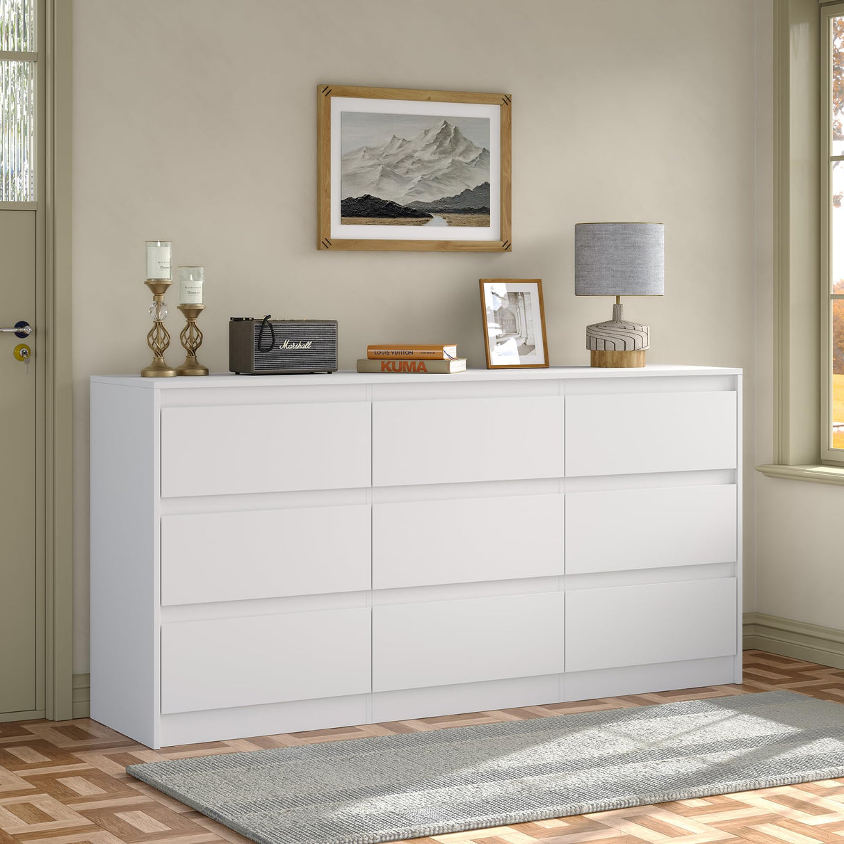 Furniouse Modern 9 Large Storage Drawers Dresser for Clothes Organizer, White Modern Chest of Drawers for Closet,63" Long Drawer Organizer Cabinet for Bedroom,Living Room,Entryway,Hallway Furniouse