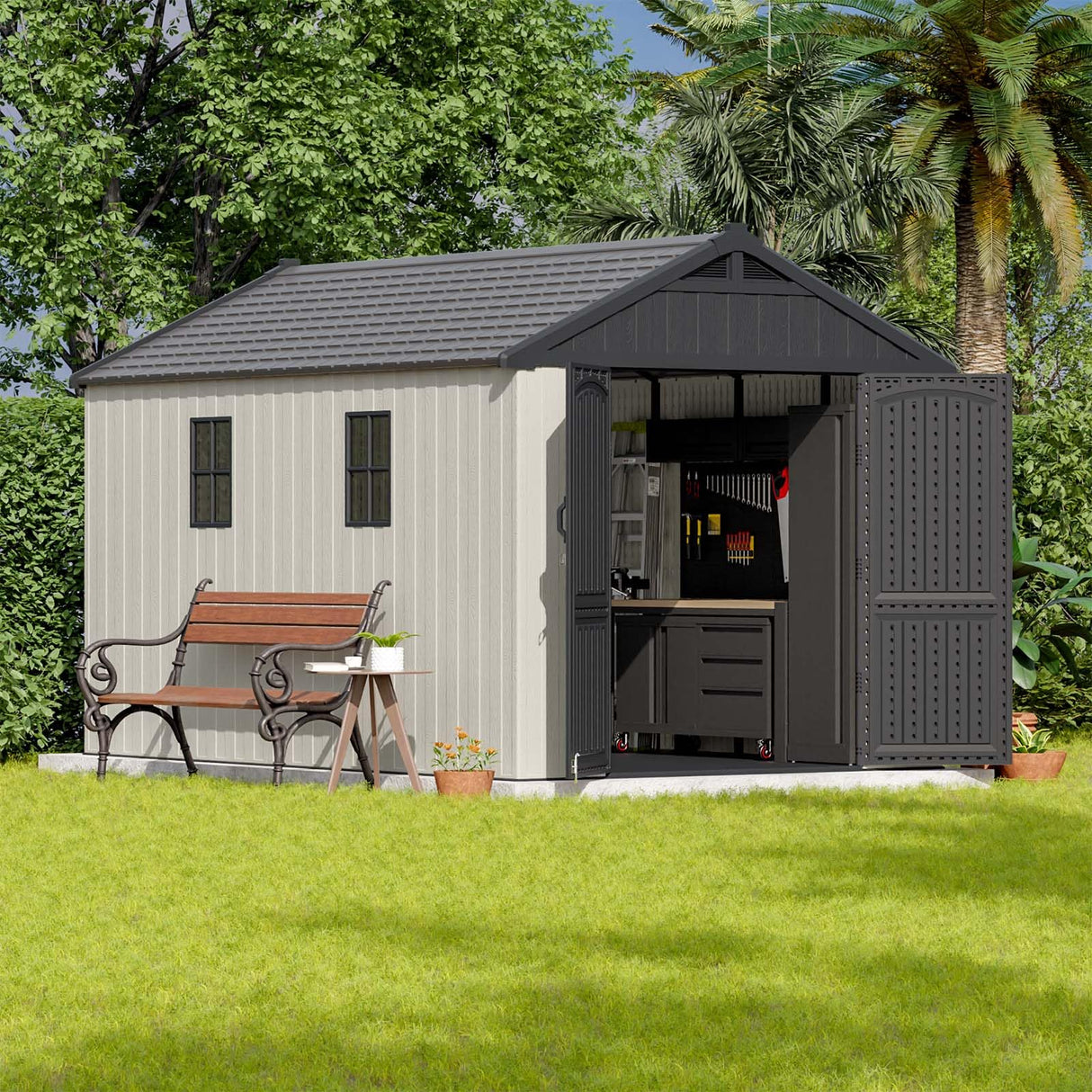 Patiowell 8 x 12 FT Plastic Outdoor Storage Shed with Floor, Resin Shed with Window and Lockable Door for Garden, Backyard, Tool Storage Use, Easy to Install in Beige (Kick-it Shed) Patiowell