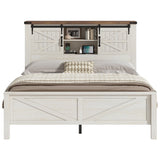 AMERLIFE Farmhouse Queen Bed Frame with Storage Headboard & Charging Station, Rustic Wood Platform Bed with Barn Door Bookcase, No Box Spring Needed, Antique White Bedroom Furniture AMERLIFE