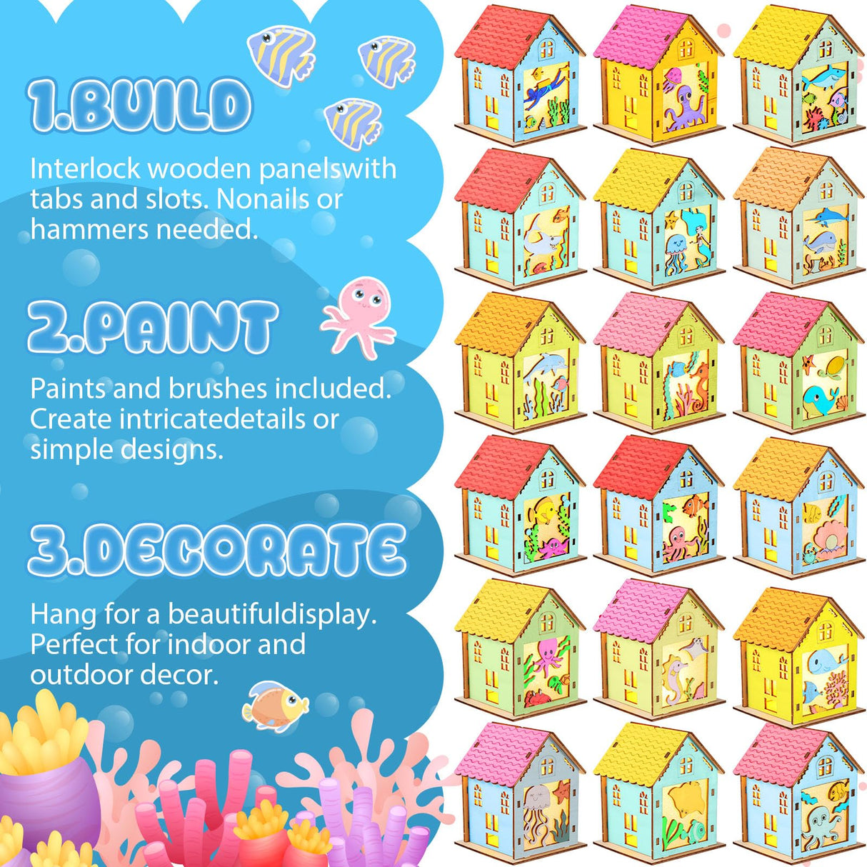 Soaoo 18 Pcs Wood Crafts for Kids Summer Wood Houses Light up Houses Unfinished Wooden Craft Kit Include 3D Sea Animal Wooden Puzzle with 12 Paint and Brushes for Toddler Kids Adults(Marine Animal) Soaoo