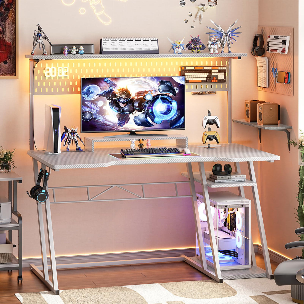 Gaming Computer Desk with Power Outlets, Gaming Desk with Hutch and LED Lights, Reversible PC Gaming Desk with Pegboard, Carbon Fiber White, 47" armocity