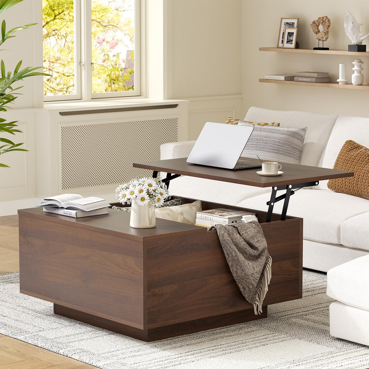 FABATO Lift Top Coffee Table, Wood Square Coffee Table with Storage, Farmhouse Coffee Tables with Hidden Storage Compartment, Center Table with Lifting Tabletop for Living Room, Home Office, Walnut FABATO