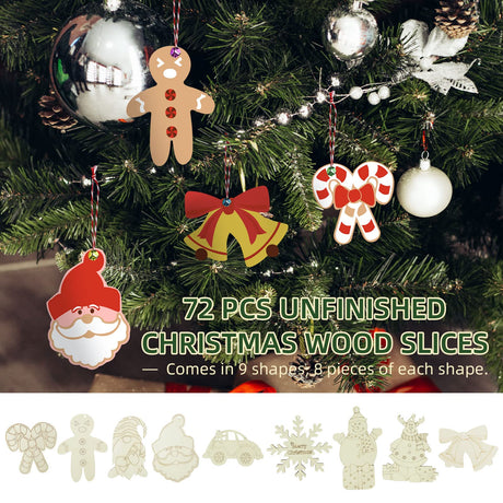 Wooden Christmas Ornaments, 176 PCS Unfinished Predrilled Wood Ornaments Set with 72 Blank Wood Slices in 9 Styles, 90 Bells and 12 Color Pens for Kids DIY Crafts and Christmas Hanging Decoration, A Pehciroe