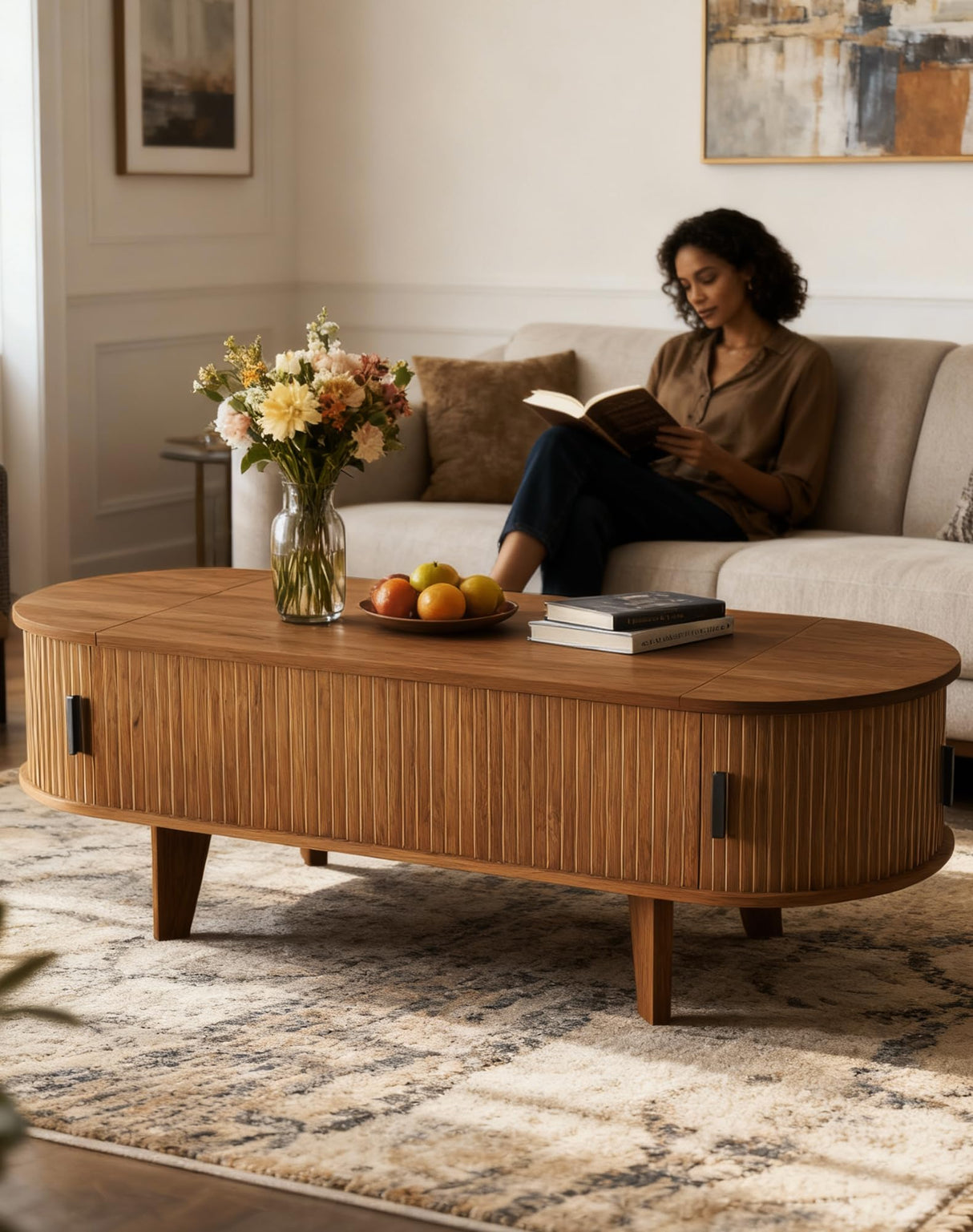 Pulsyeen Oval Coffee Table with Storage, 47.2" Fluted Lift Top Coffee Table with 180° Sliding Tambour Door, Mid Century Modern Center Table for Living Room, Office, Cafe, Walnut Pulsyeen