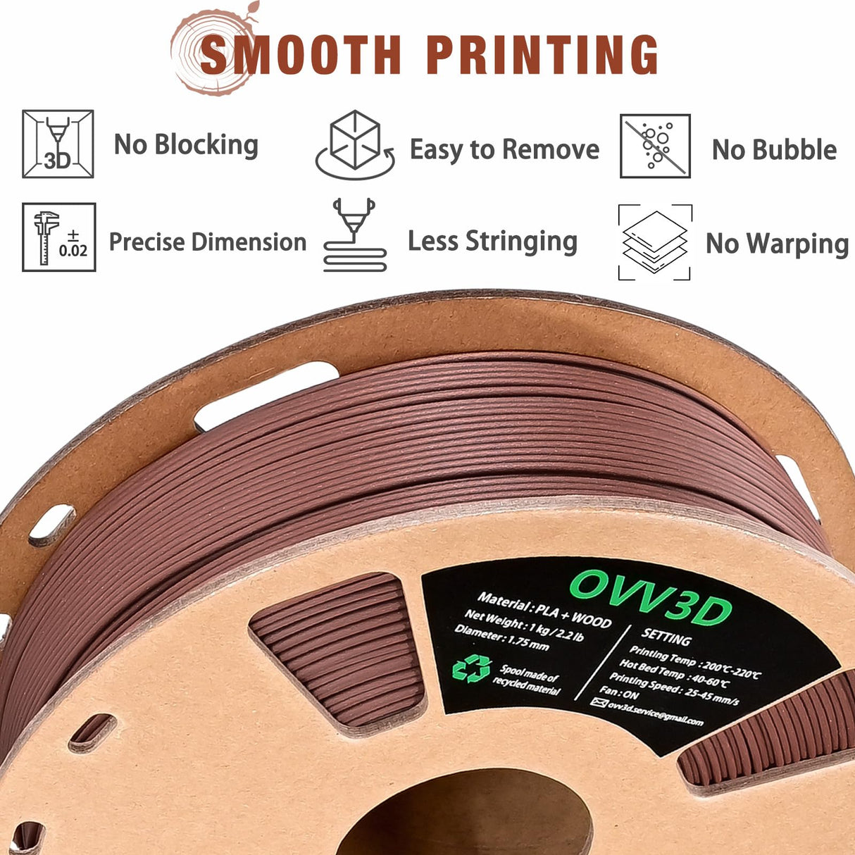 OVV3D Wood PLA Filament 1.75mm, Cherrywood Filament 3D Printer Filament, Add More Than 30% Real Wood Fiber, Matte Frosted 3D Filament, 1.75 PLA 3D Printing Filament OVVNYXE