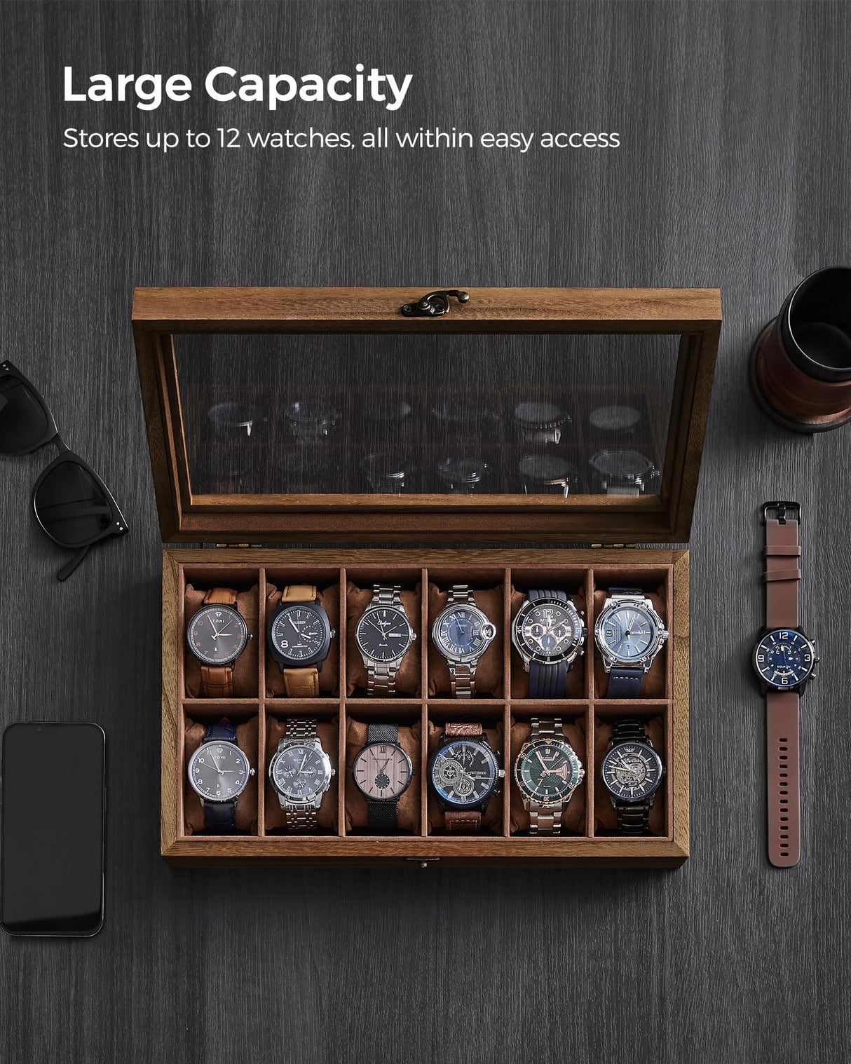 SONGMICS Watch Box with 12 Slots, Watch Case, Solid Wood Watch Box Organiser with Glass Lid, Watch Display Box with Removable Pillows, Gift Idea, SONGMICS