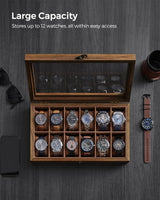SONGMICS Watch Box with 12 Slots, Watch Case, Solid Wood Watch Box Organiser with Glass Lid, Watch Display Box with Removable Pillows, Gift Idea, SONGMICS