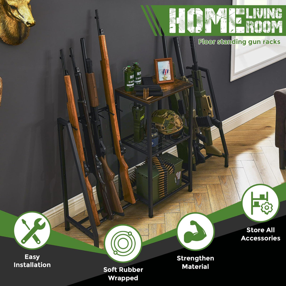 DGWJSU Gun Rack, Rifle Rack with Gun Storage Solutions, Indoor Standing Floor Shotgun Rack, Shooting Clubs, Hunting Range, Holds Up to 10 Long Guns and Gun Accessories Organizer DGWJSU