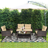 Tangkula 4 Piece Patio Furniture Set, Outdoor Wicker Conversation Set with Glass Top Coffee Table, All Weather Proof and Thick Cushions, Suitable for Porch, Garden, Poolside and Lawn (Brown) Tangkula