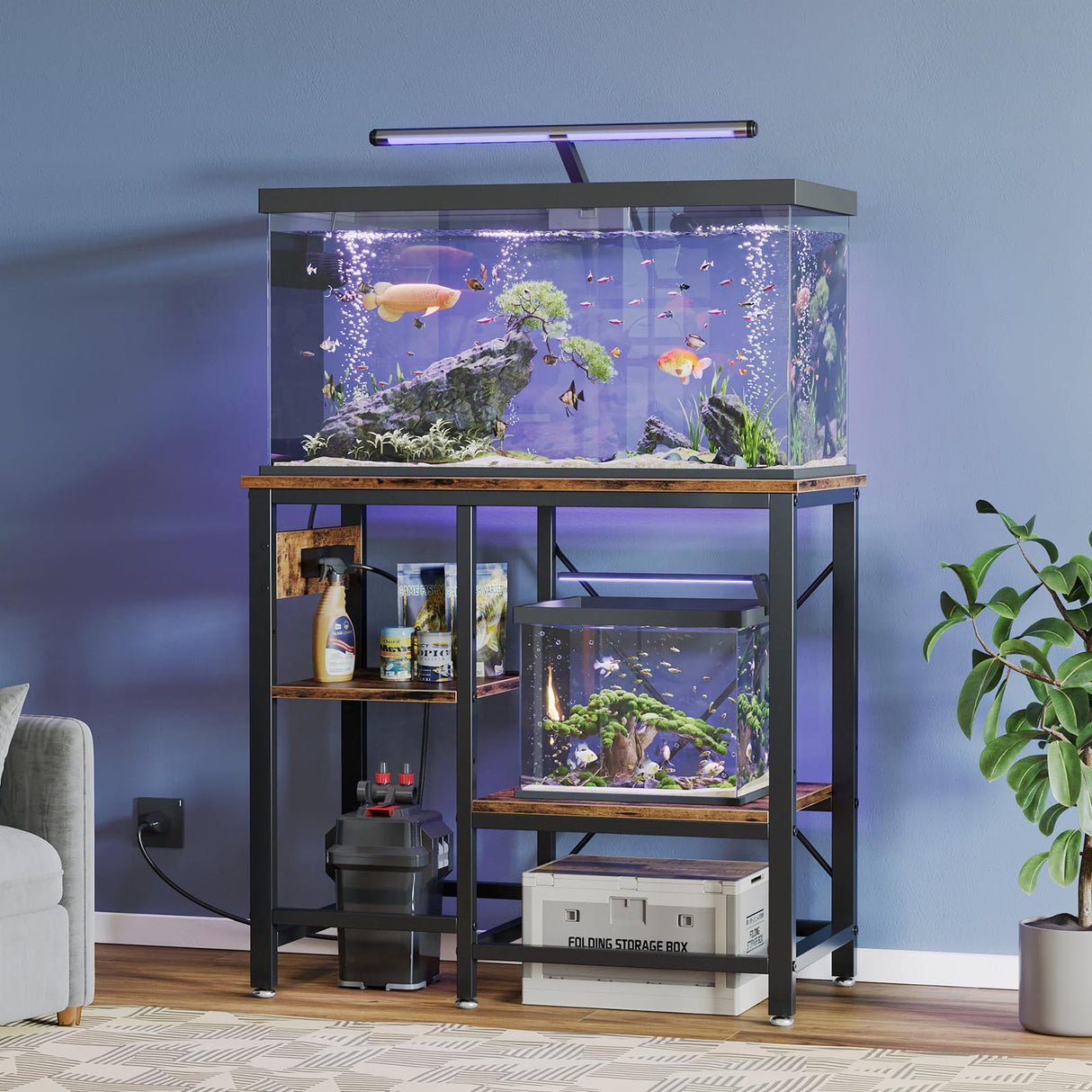 Bestier 20-29-37 Gallon Fish Tank Stand with Power Outlet, 30x13 Metal Aquarium Stand, 6-Leg Reptile Tank Stand with 3-Tier Adjustable Storage Shelves, 400LBS Capacity Bestier