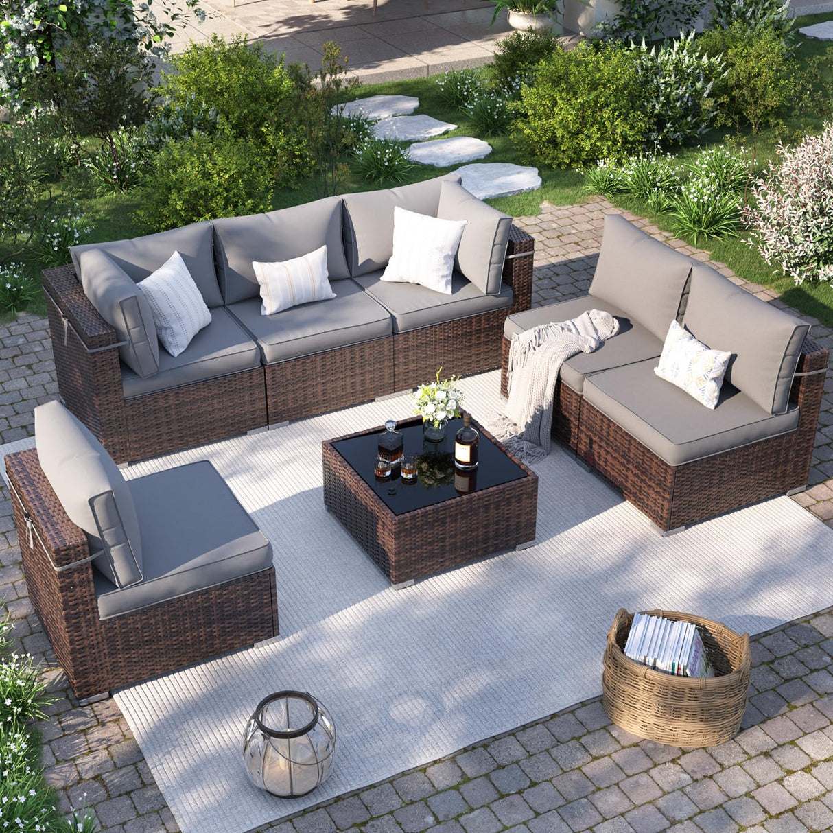 VONZOY Patio Furniture Set, 7-Piece Outdoor Sectional with Waterproof Cover, All-Weather Wicker Patio Conversation Sets for Backyard (Brown with Grey Cushion) VONZOY