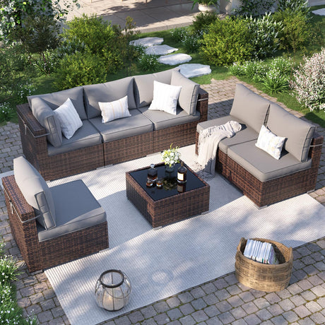 VONZOY Patio Furniture Set, 7-Piece Outdoor Sectional with Waterproof Cover, All-Weather Wicker Patio Conversation Sets for Backyard (Brown with Grey Cushion) VONZOY