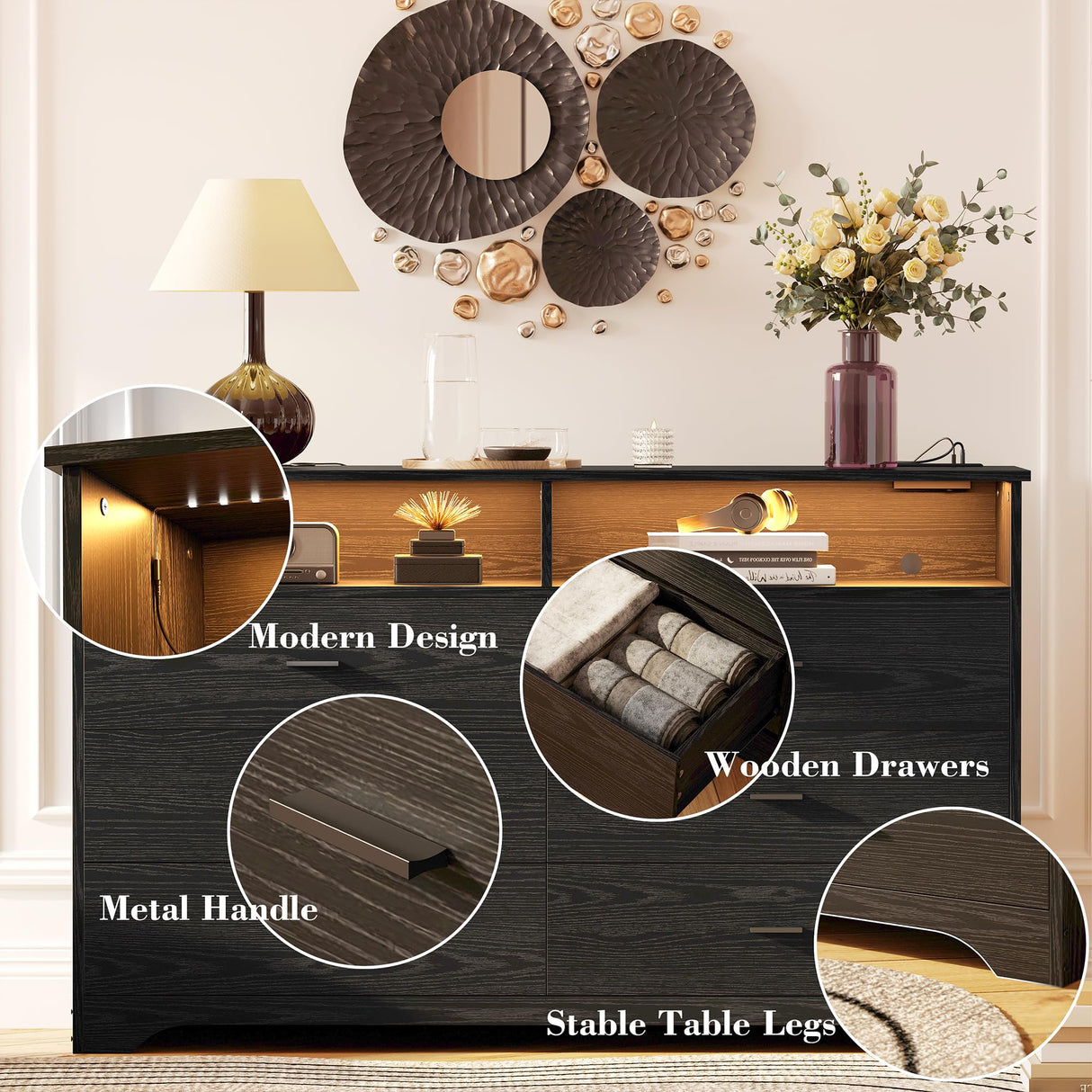 LIKIMIO 6 Drawer 59" Black Dresser with LED and Power Strip, Dressers & Chests of Drawers with Storage Cabinet for Bedroom LIKIMIO