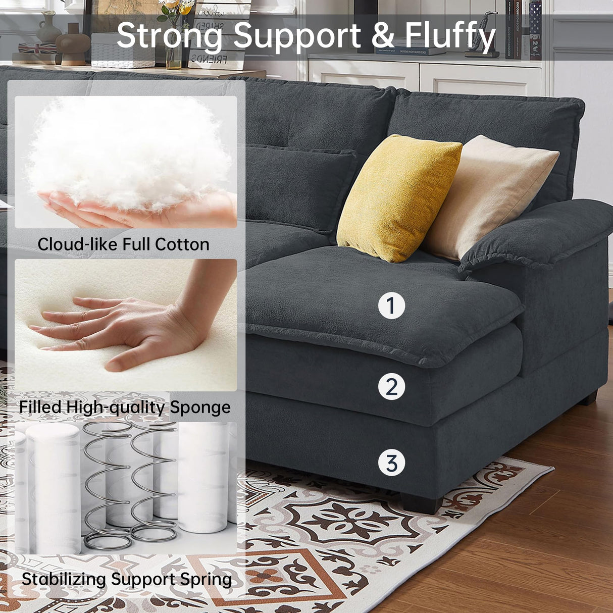 Enobala 110" Comfy Cloud Couch Sectional Sofa with Lumbar Pillows, Modern U-Shaped Cloud Sofa with Double Chaise & Deep Seat for Living Room, or Office, Easy Assembly, Dark Grey Enobala