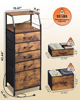 WLIVE LED Nightstand with Charging Station, Fabric Dresser with 5 Drawers for Bedroom, Tall Night Stand with Open Shelves, Bed Side Tables Living Room, Rustic Brown WLIVE