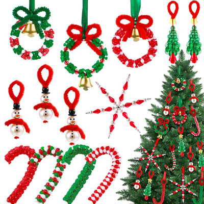 Vellibring 36 Set Christmas Beaded Crafts Ornament Beading Kit Mini Christmas Tree Classic Plastic Hanging Decor DIY Accessories for Xmas Tree Decorations Holiday Prensent Party Supplies