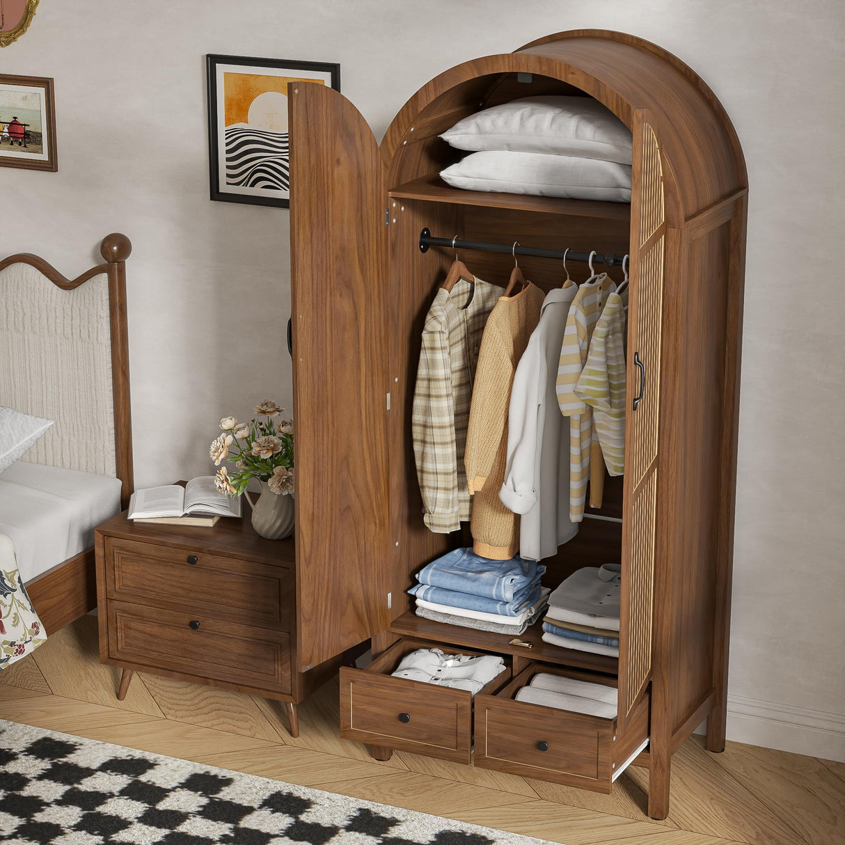 Lxsxlome Wardrobe Closet, Armoire Wardrobe Closet with Drawers and 2 Arched Fluted Doors, 70.87‘’ Tall Wooden Bedroom Armoires with Shelves and Hanging Rod (Walnut-2) Lxsxlome