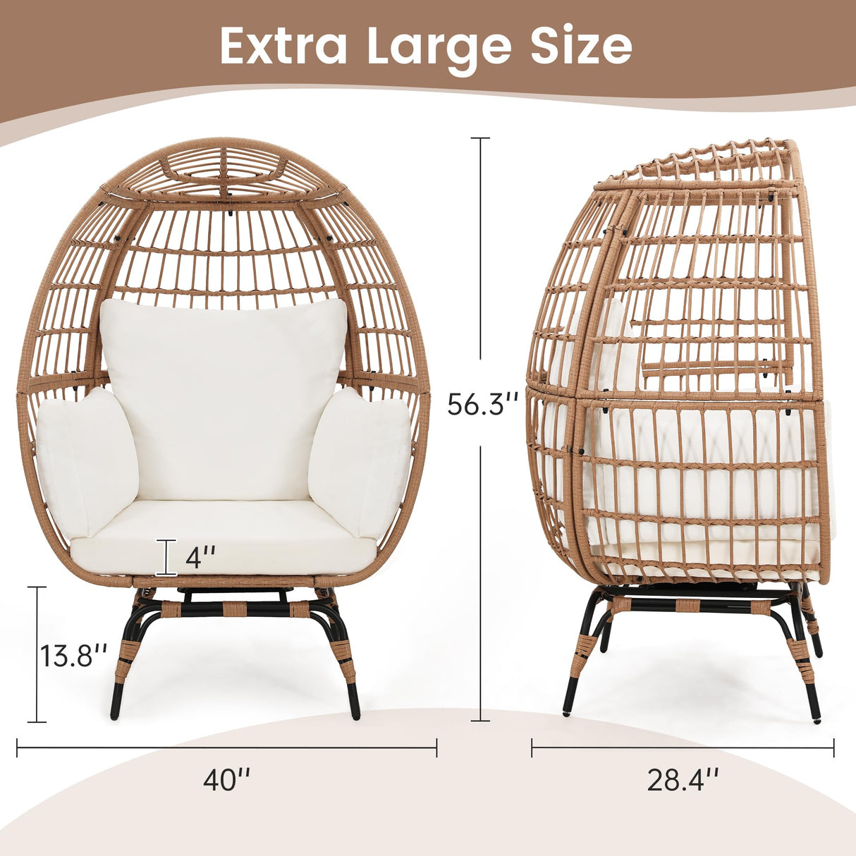 Murago Oversized 360 Swivel Rattan Egg Chair for Adult, Indoor Outdoor Patio Large Wicker Egg Chair with overstuffed Cushions, 440lb Weight Capacity, Natural Rattan with Beige Cushion Murago