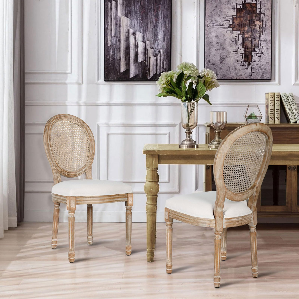 Polar Aurora Dining Chairs Set of 4 Beige Rattan Round Back with Solid Wood Legs and Frame for French Country Kitchen Dining Room Polar Aurora