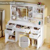 HUAHUU Vanity Desk with Mirror and Lights, Vanity Desk with Sliding LED Mirror, Makeup Vanity with Adjustable 3 Lights Modes, White Vanity with 5 Drawers & 2 Storage Cabinet, for Bedroom HUAHUU