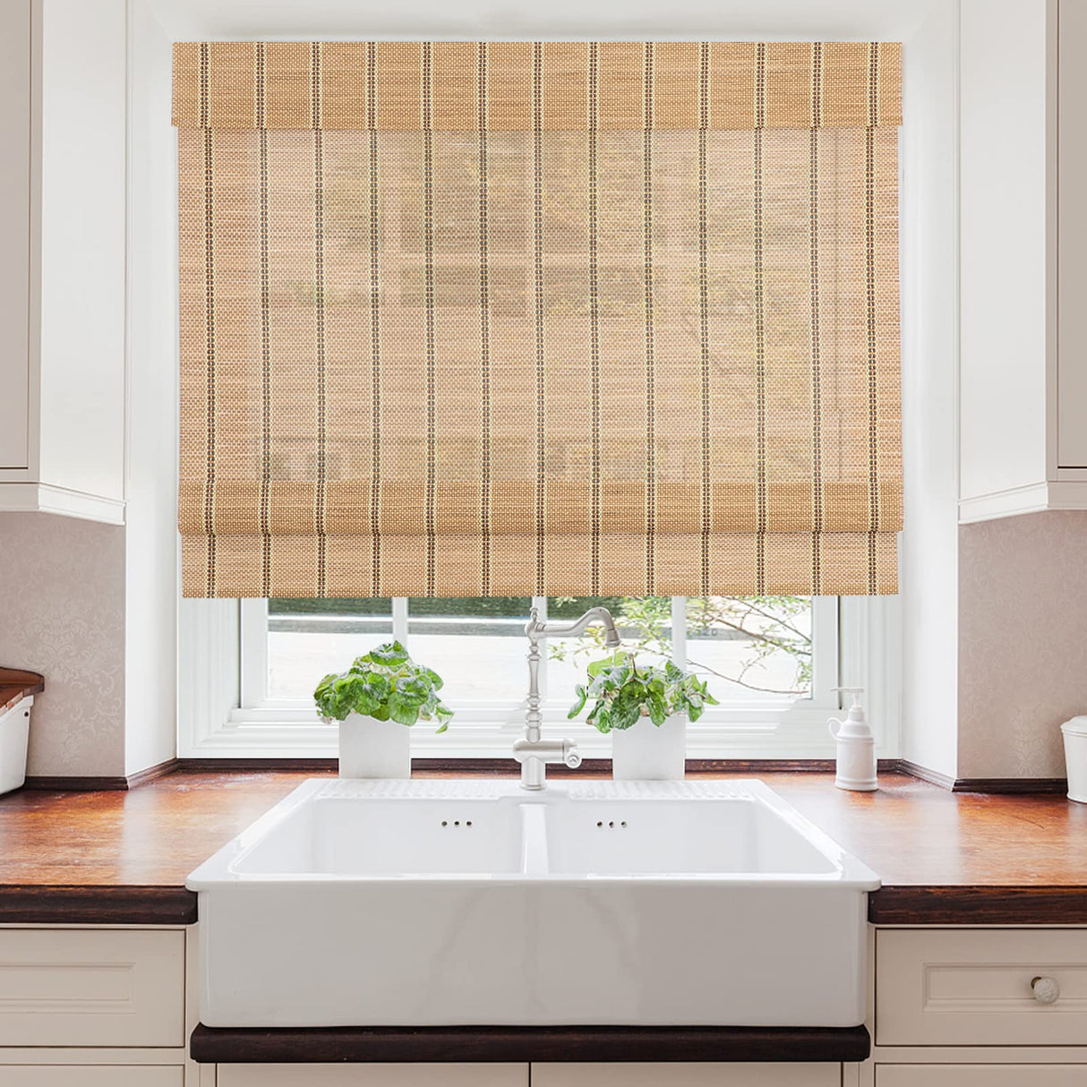 Cordless Bamboo Roman Shades, Natural Woven Blinds with 6 Inches High Valance, Custom Room Darkening Privacy Lined Sun Shade for Indoor Windows, Doors, Color 5 AOZORA