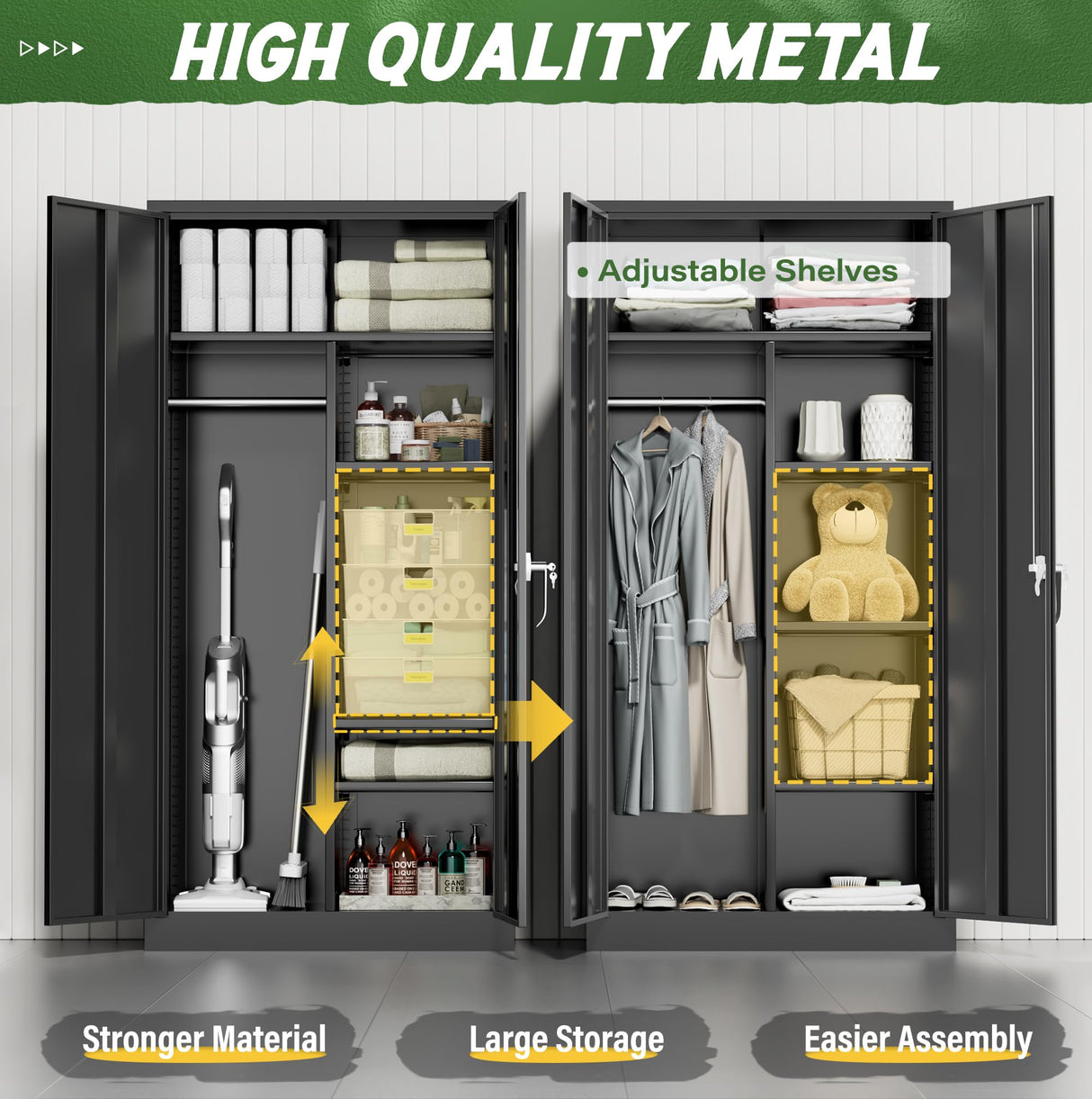 Greenvelly Metal Storage Wardrobe Cabinet with Lock, 72" Metal Wardrobe Closet for Hanging Clothes with Doors and Shelves, Tall Clothes Closet for Home, Office and Bedroom, School,Gym(Black) Greenvelly