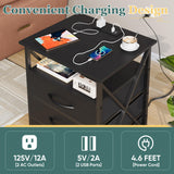 Furmax End Table, LED Nightstand Set of 2 with Charging Station and 3 Wooden Panel Fabric Drawers, 3-Tier Side Table with USB Ports and Outlets, for Bedroom, Living Room, Black Furmax