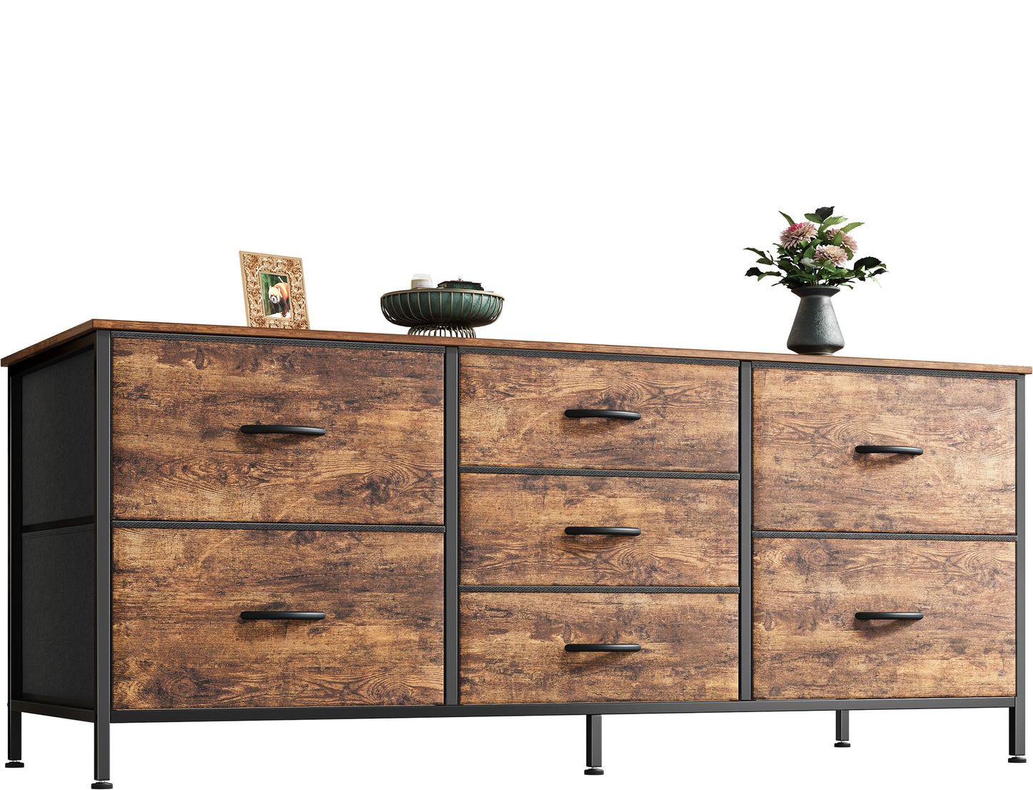 Huuger Dresser with 7 Drawers, 47 Inch Dresser TV Stand for 43, 50, 55 Inch TV, Wide Fabric Dresser Chest of Drawers, Metal Frame, Storage Dresser for Bedroom, Nursery, Clothing, Rustic Brown