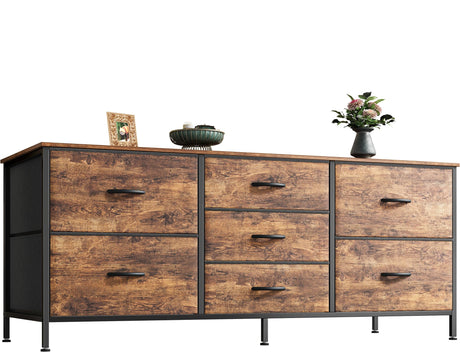 Huuger Dresser with 7 Drawers, 47 Inch Dresser TV Stand for 43, 50, 55 Inch TV, Wide Fabric Dresser Chest of Drawers, Metal Frame, Storage Dresser for Bedroom, Nursery, Clothing, Rustic Brown Huuger