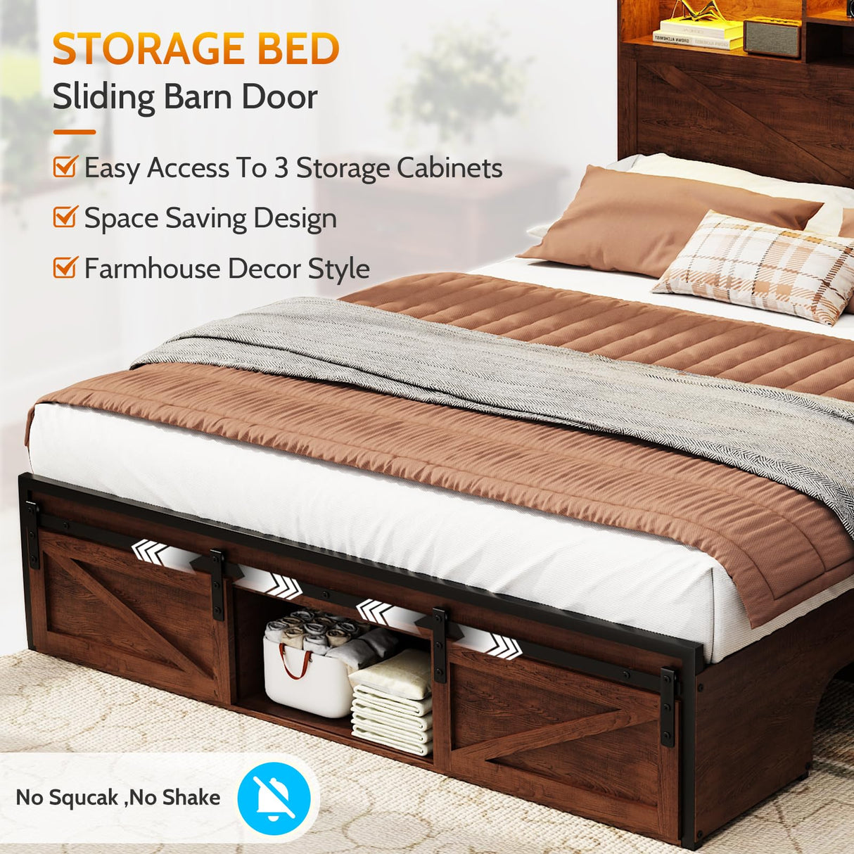 Farmhouse Queen Bed Frame with Bookcase Storage Headboard, Charging Station and LED Lights, Wood Bed Frame Queen Size with Sliding Barn Door Storage, Noiseless, No Box Spring Needed, Reddish Brown Dolonm