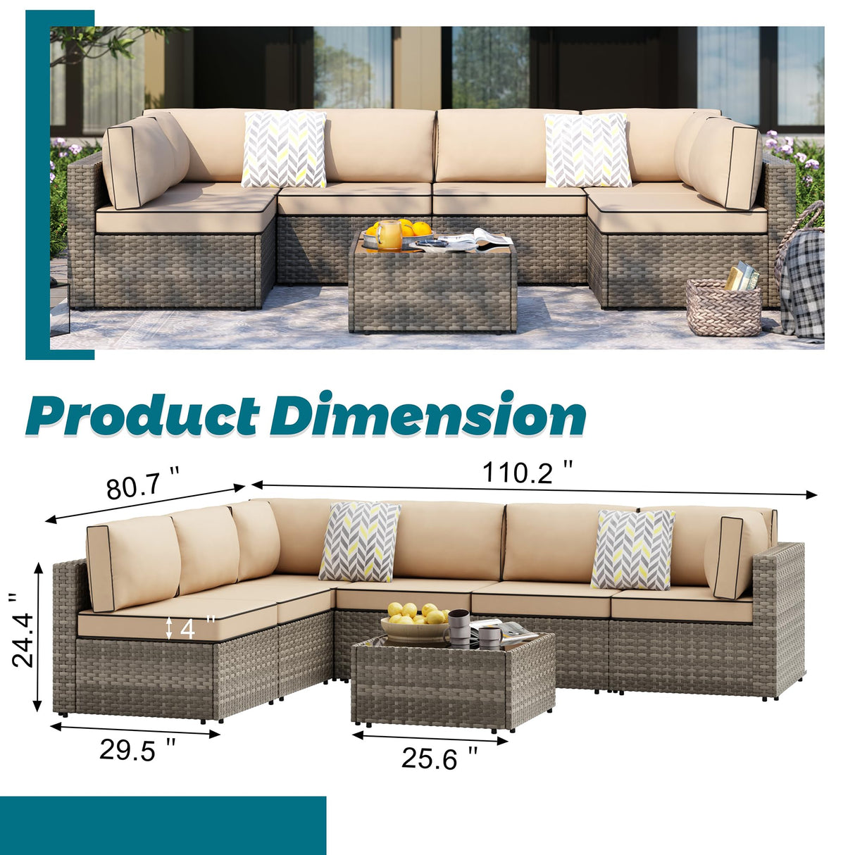 Shintenchi 7 Pieces Outdoor Patio Sectional Sofa Couch, Wicker Furniture Conversation Sets with Washable Cushions & Glass Coffee Table for Garden, Poolside, Backyard (Khaki) Shintenchi