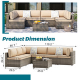 Shintenchi 7 Pieces Outdoor Patio Sectional Sofa Couch, Wicker Furniture Conversation Sets with Washable Cushions & Glass Coffee Table for Garden, Poolside, Backyard (Khaki) Shintenchi