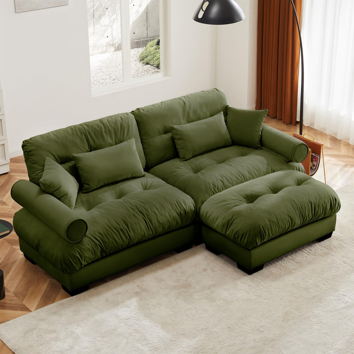 94" Modular Sectional Sofa,Velvet Upholstered Couches for Living Room,3 Seater Green Sofa Couch with Movable Ottoman,Big Comfy Loveseat Sofa with Deep Seats for Living Room,Apartment,Bedroom Wunlerlant